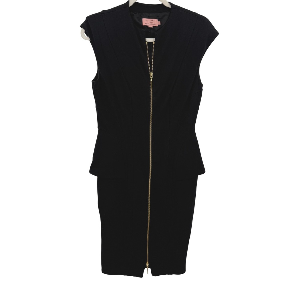 Ted Baker London Black Peplum Sheath Dress Full Gold Zip Front Sleeveless 0316